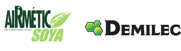 Logos des produits isolants écologiques Airmétic Soya et Demilec utilisés par Isolations Franco – experts en mousse de polyuréthane à Victoriaville, Lévis, Québec et Centre-du-Québec.